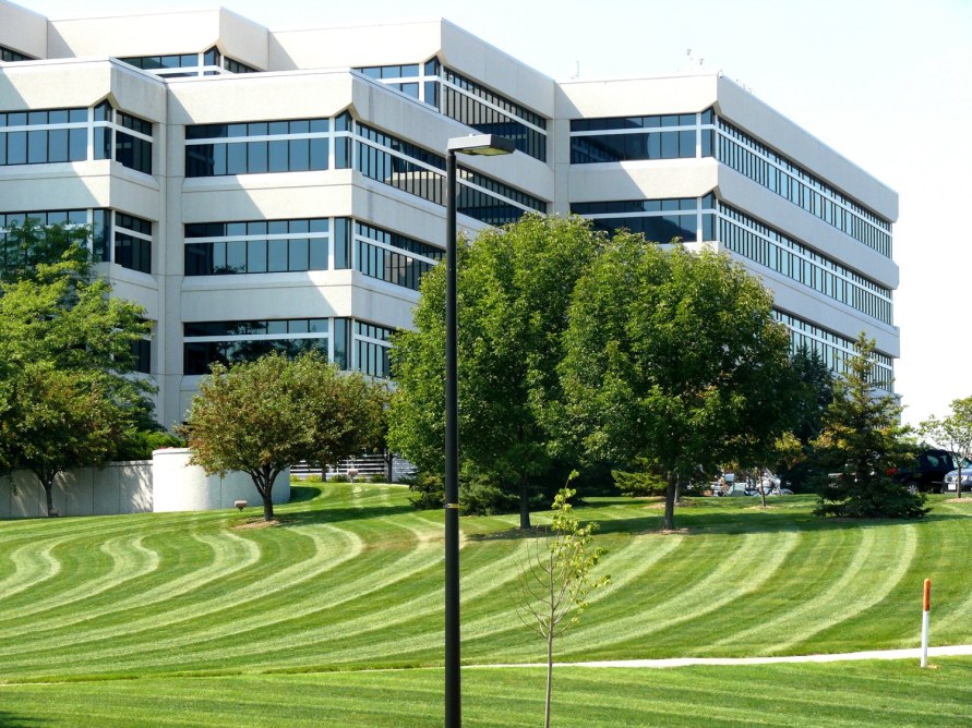 corporate building with manicured lawn